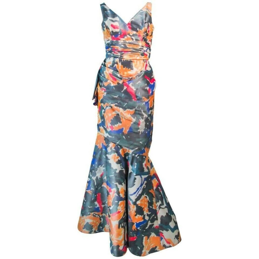 $7,500 OSCAR DELA RENTA SILK FLORAL MULTI COLOR RUNWAY GOWN US 4 M